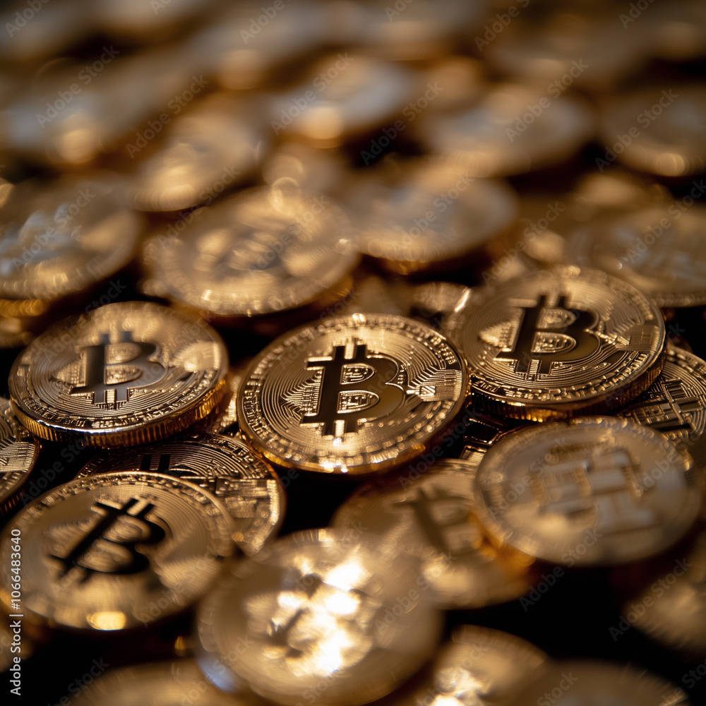 Shiny golden Bitcoin coins, sharply focused, with a blurred background Shiny golden Bitcoin coins, sharply focused, with a blurred background