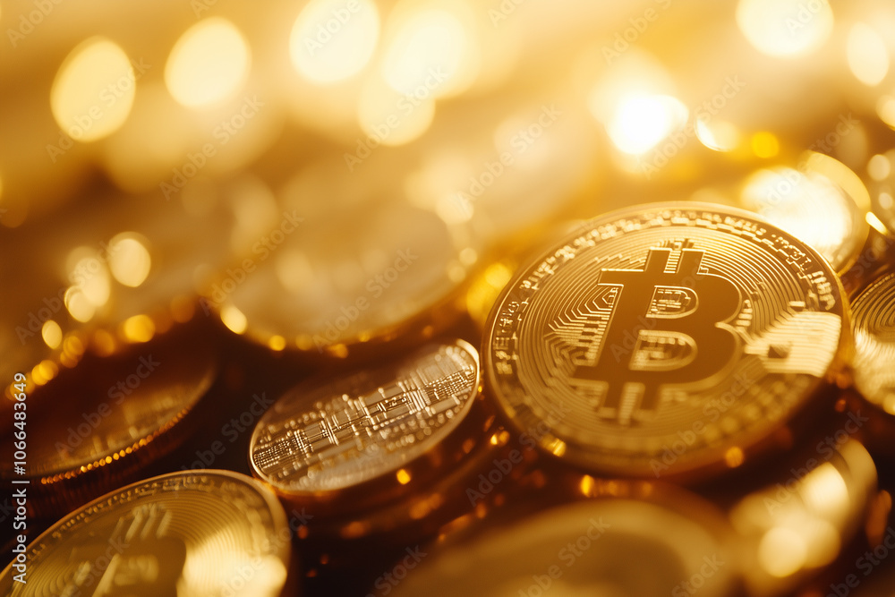 Shiny golden Bitcoin coins, sharply focused, with a blurred background Shiny golden Bitcoin coins, sharply focused, with a blurred background