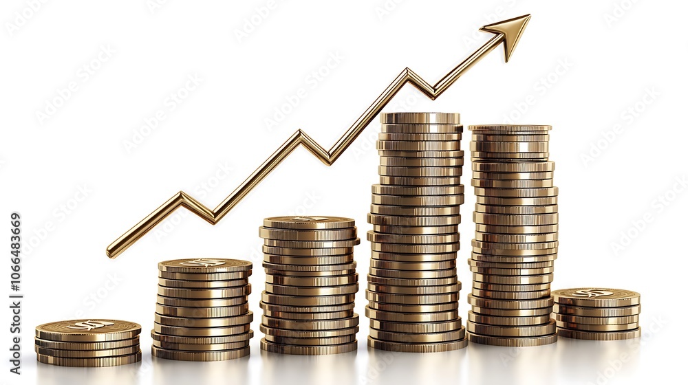 Stacks of coins growing in height with an arrow graph Stacks of coins growing in height with an arrow graph