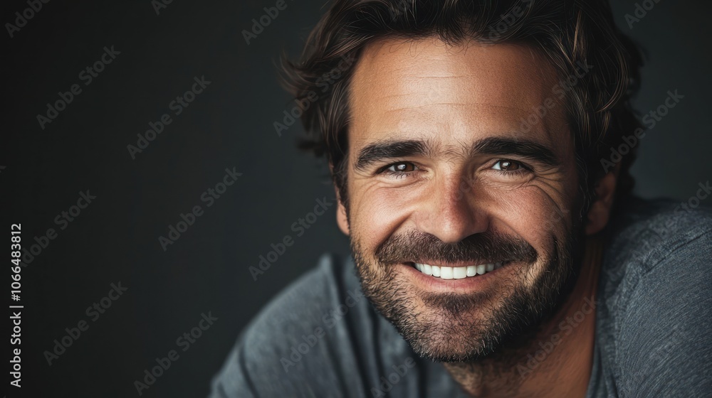 A happy studio portrait of a man with a warm smile, leaning forward as if engaging with the viewer A happy studio portrait of a man with a warm smile, leaning forward as if engaging with the viewer