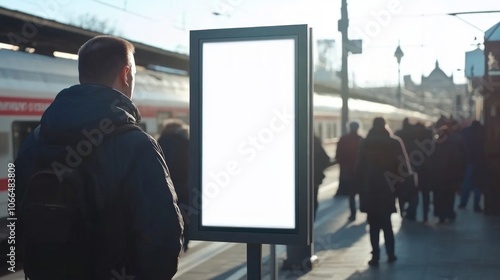 Mockup. Lightbox vertical billboard with blank digital screen on a train station. white blank poster advertisement Public information boards stand at à¸ºbig stations in front of people and trains in. 