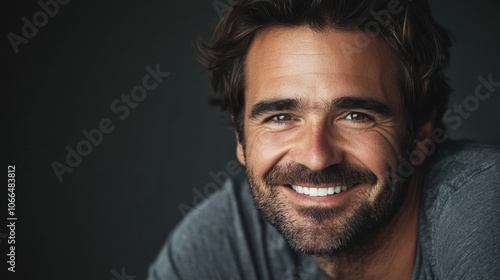 A happy studio portrait of a man with a warm smile, leaning forward as if engaging with the viewer