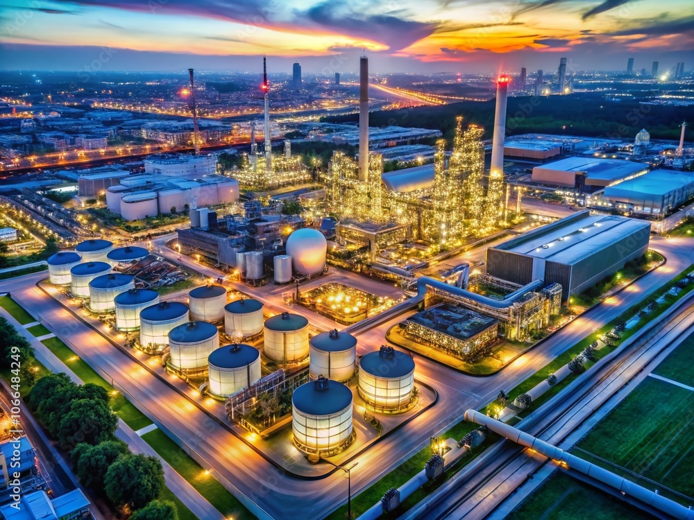 Fototapeta premium Aerial View of a Large Chemical Refinery Plant in an Industrial Zone with Storage Tanks and Pipelines, Modern Infrastructure and Machinery, Environmental Impact, Pollution Control