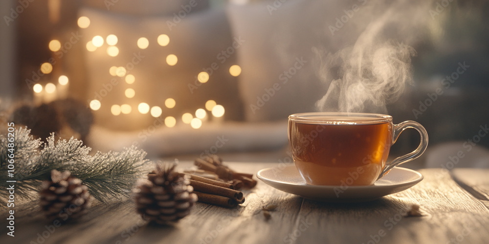 A photo of a cup of hot coffee/chocolate/tea on a table with a candle, cinnamon and christmas decorations, blurred bokeh background wallpaper A photo of a cup of hot coffee/chocolate/tea on a table with a candle, cinnamon and christmas decorations, blurred bokeh background wallpaper