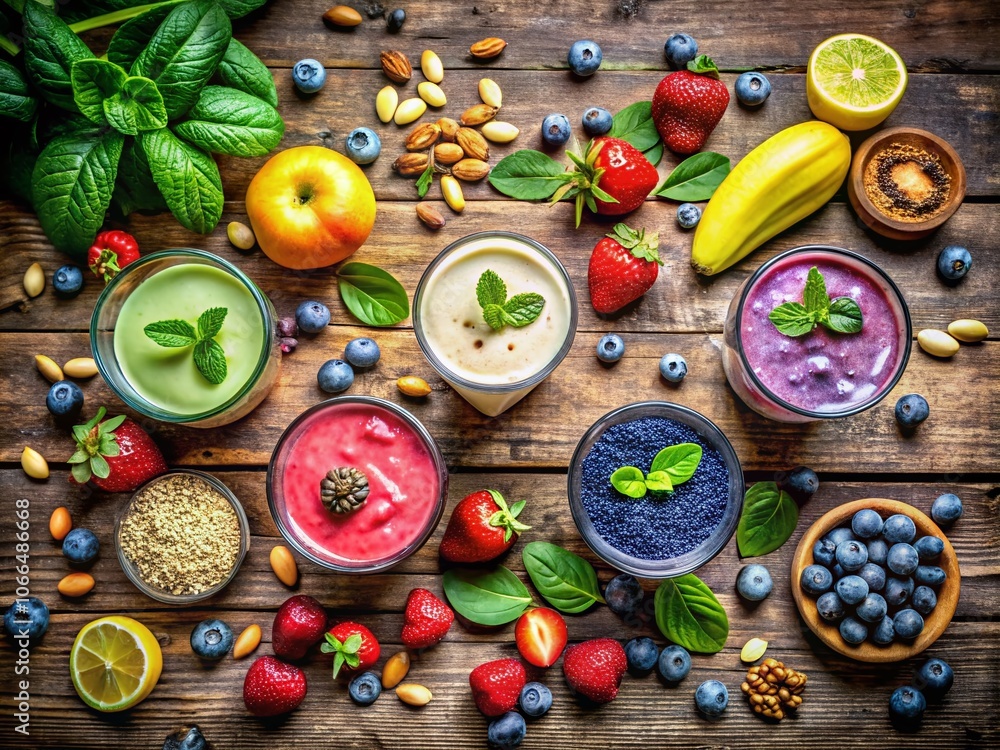 Aerial View of Fresh Fruit and Ingredients for Smoothies on Rustic Table - Healthy Lifestyle, Nutrition, Organic Produce, Vibrant Colors Aerial View of Fresh Fruit and Ingredients for Smoothies on Rustic Table - Healthy Lifestyle, Nutrition, Organic Produce, Vibrant Colors