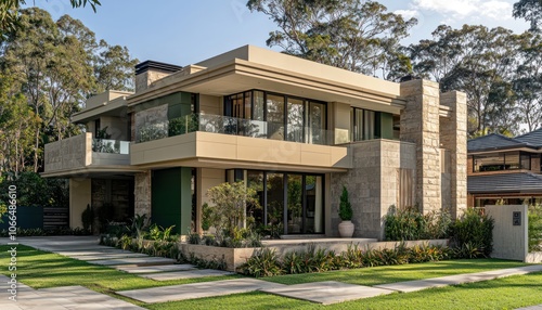 Sydney residence, beige and green tones with a sturdy concrete facade.