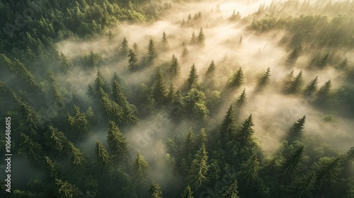 Aerial View of a Foggy Forest with Sunlight Filtering Through the Trees