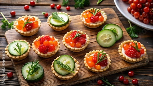 Aerial View of Gourmet Tartlets with Red Caviar, Fresh Cucumber, and Creamy Cheese for Elegant Culinary Presentation