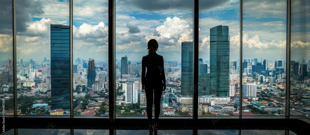 Silhouette of a woman looking at cityscape Silhouette of a woman looking at cityscape