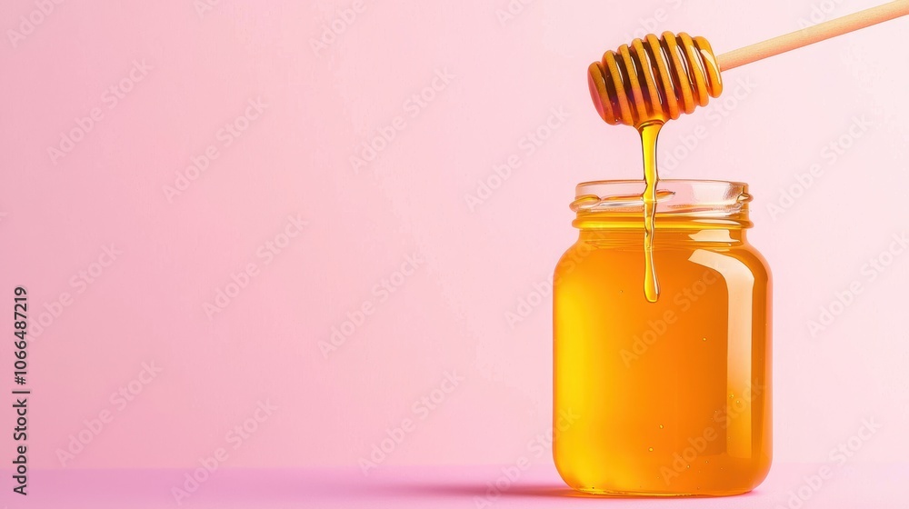 A jar of golden honey with a wooden dipper drips honey against a soft pink background A jar of golden honey with a wooden dipper drips honey against a soft pink background