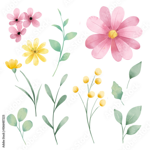Wallpaper Mural Floral set, flowers and leaves, watercolor digital illustration for greeting card, poster, invitation and other printing design. Isolated on white. Hand drawn. Torontodigital.ca