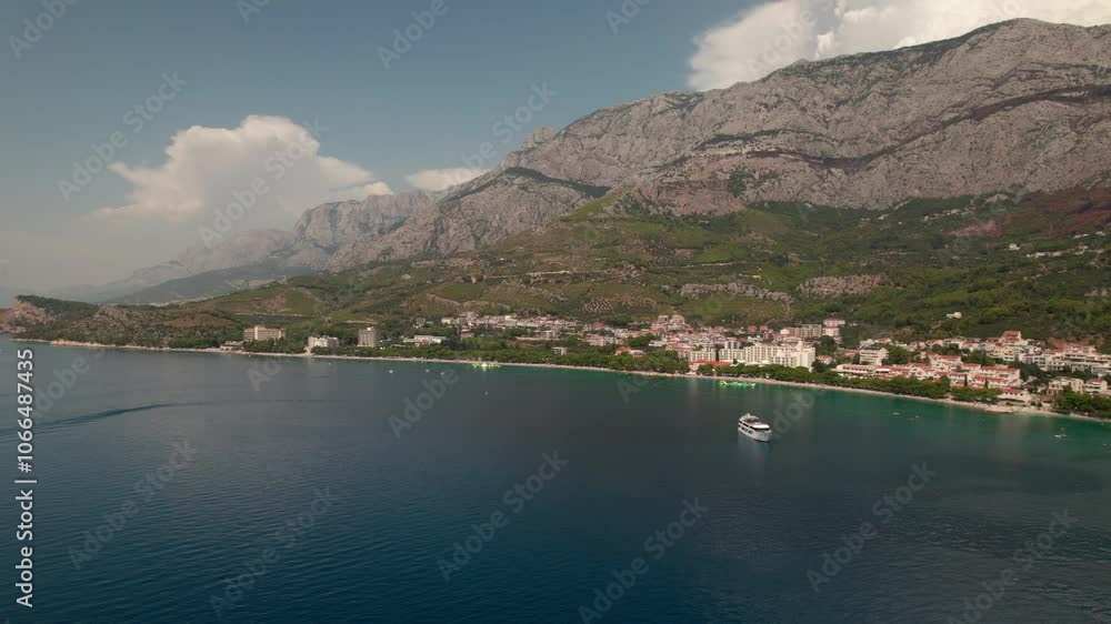 Tranquil Seascape With Moored Ferry Boat In Croatia - Aerial Drone Shot Tranquil Seascape With Moored Ferry Boat In Croatia - Aerial Drone Shot