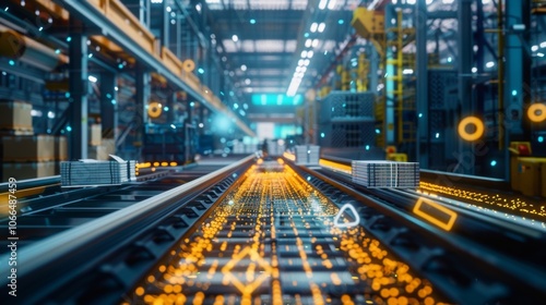 Automated conveyor belt transporting metal products in a smart factory, enhanced with a futuristic digital interface, showcasing advanced automation and industry 4.0 technologies