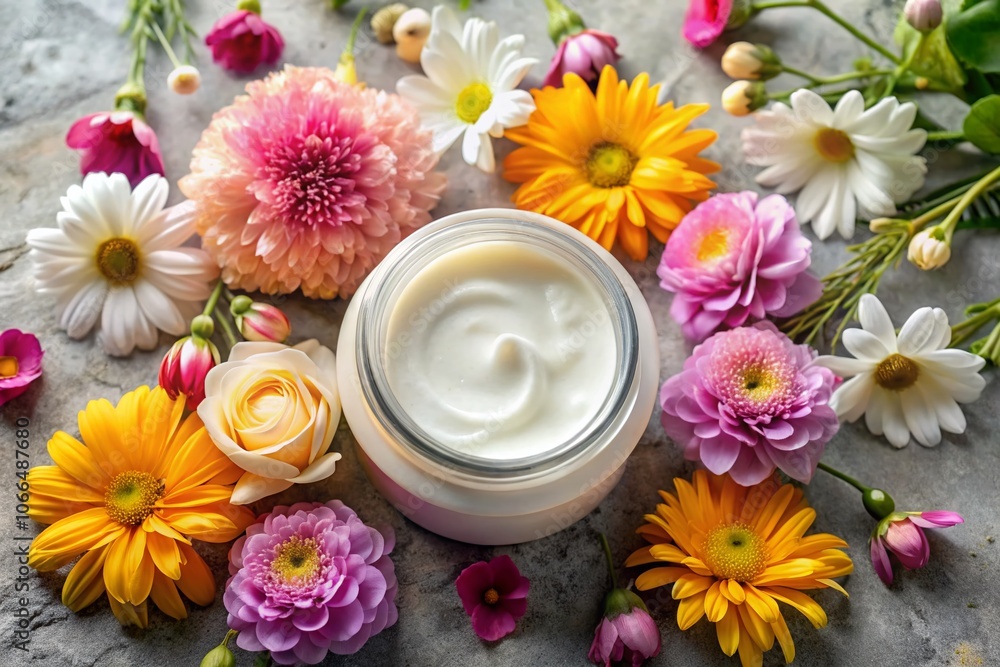 Aerial View of Luxurious Still Life with Facial Cream and Fresh Flowers in Bright Natural Light - Aesthetic Beauty Arrangement for Skincare and Wellness Photography Aerial View of Luxurious Still Life with Facial Cream and Fresh Flowers in Bright Natural Light - Aesthetic Beauty Arrangement for Skincare and Wellness Photography