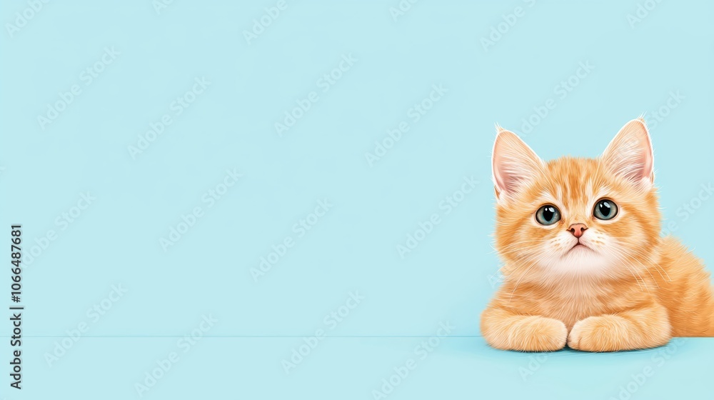 Adorable orange kitten with bright eyes rests on a soft blue background Adorable orange kitten with bright eyes rests on a soft blue background
