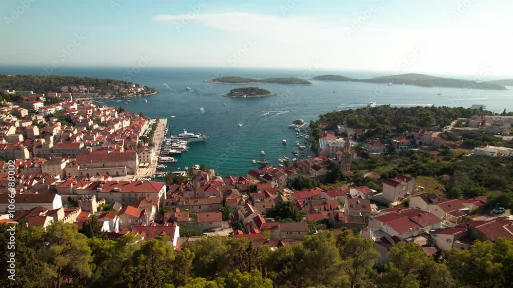 Resort And Port Town Of Hvar Island In The Adriatic Sea, Croatia. Aerial Drone Shot Resort And Port Town Of Hvar Island In The Adriatic Sea, Croatia. Aerial Drone Shot