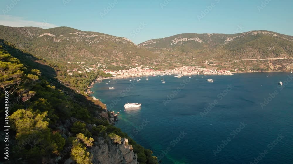 Boats On Adriatic Sea In Coastal Town Of Komiza, Island Of Vis, Croatia. aerial shot