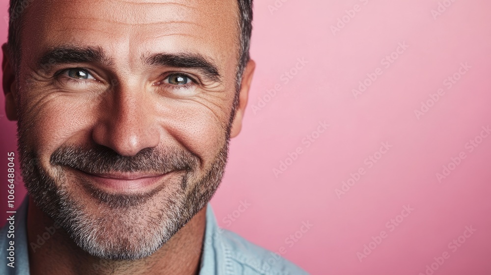 Obraz premium Close-up of a handsome middle-aged man smiling at the camera against a pink background. This image captures the essence of good feelings, skincare, and beauty concepts, providing ample copy space.