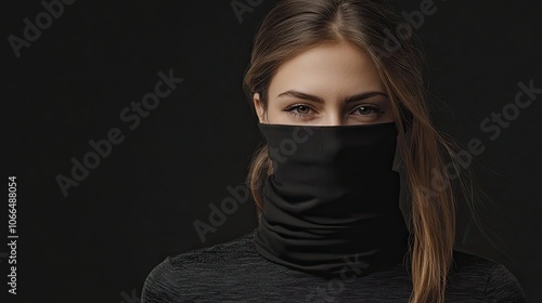 Minimalist black neck gaiter worn by a woman against a dark background. The photo captures the essence of style and simplicity in wearing a black neck gaiter with ample copy space.