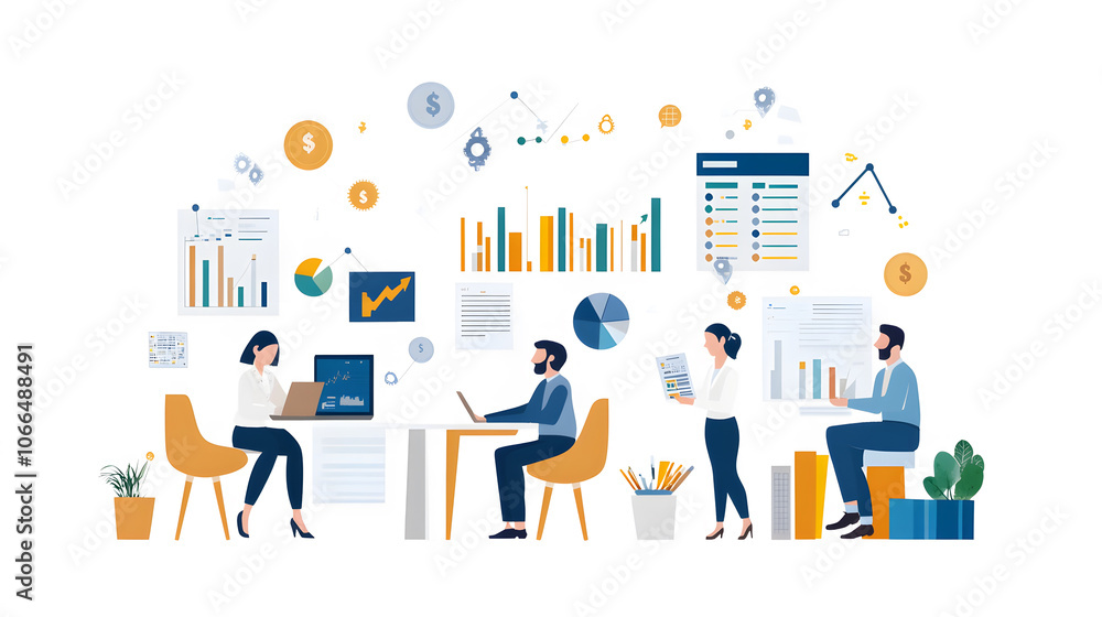 Illustration of corporate finance with charts, graphs, and teamwork Illustration of corporate finance with charts, graphs, and teamwork