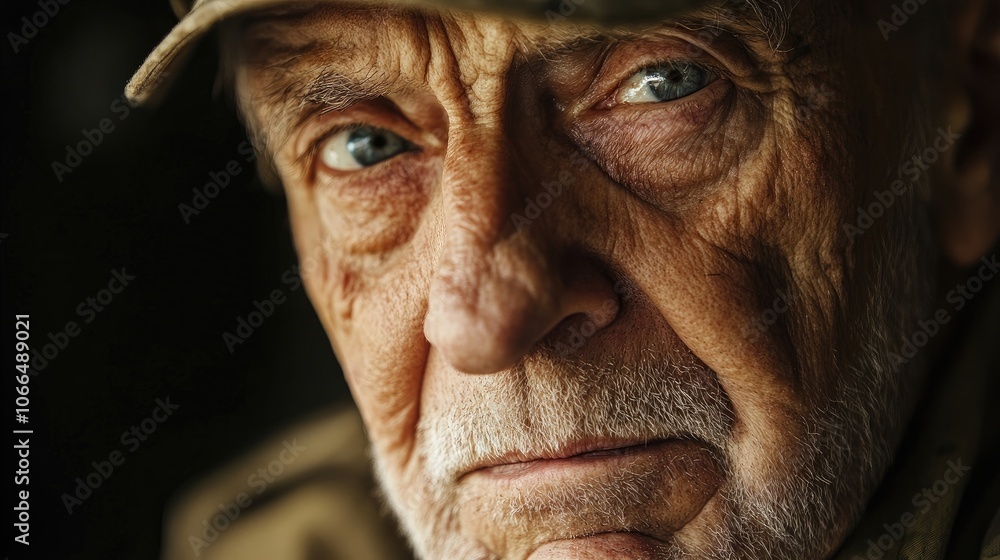 Warm-hearted portrait of an old veteran soldier reflecting on war memories. The army former servicemans character is beautifully captured in this flat lay photo style with ample copy space. Warm-hearted portrait of an old veteran soldier reflecting on war memories. The army former servicemans character is beautifully captured in this flat lay photo style with ample copy space.