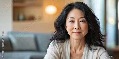 A middle aged Asian woman is unwinding at home, embodying a lifestyle focused on health and fitness, highlighting the themes of relaxation and physical well being.