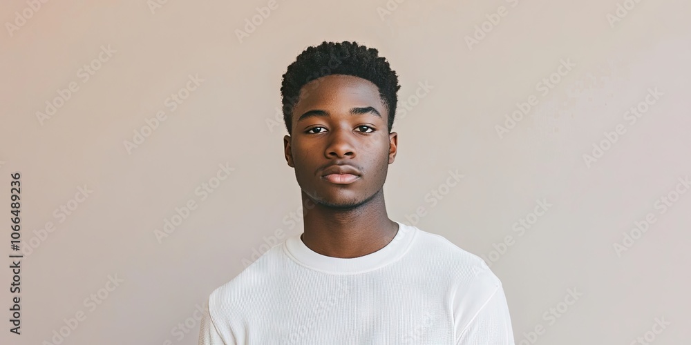Fototapeta premium A young African American male stands in front of a plain, solid colored backdrop, emphasizing his presence against the simplicity of the background.