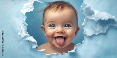 A joyful baby boy with a cute smile is playfully sticking out his tongue. This happy childs portrait shows him peeking through a hole in a soft blue wall with a blurred background.