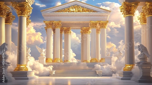 Grand Stage of Greek Mythology Marble Columns and Deities amidst Clouds and Golden Thrones in Olympus photo