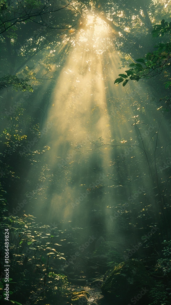 Obraz premium Sunbeams Illuminating a Misty Forest Path
