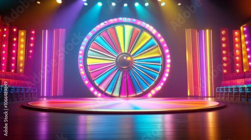 Vibrant Game Show Wheel, Contestant Stands, and Host Desk for Spinning Wheel Prizes and Entertainment Concept
