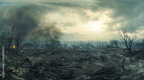 A panoramic view of a devastated landscape after a wildfire, with charred trees and smoke rising in the background, highlighting the aftermath of destruction and the need for recovery.