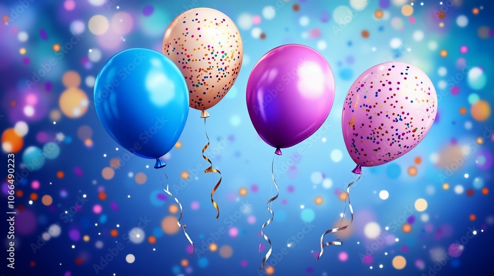 Four colorful balloons with confetti and streamers on a bokeh background. Four colorful balloons with confetti and streamers on a bokeh background.