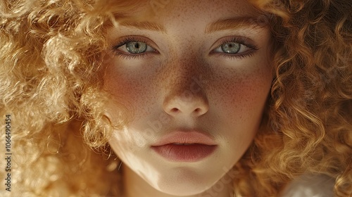 Beautiful girl with stunning golden blonde curly hair gazes into the camera, capturing the essence of beauty. This beauty concept emphasizes the allure of golden blonde curls with ample copy space.