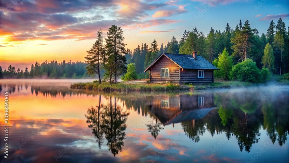 Fototapeta premium Ancient House by Lake Karelia at Dusk – Serene Low Light Photography of Rustic Architecture Amidst Nature's Beauty