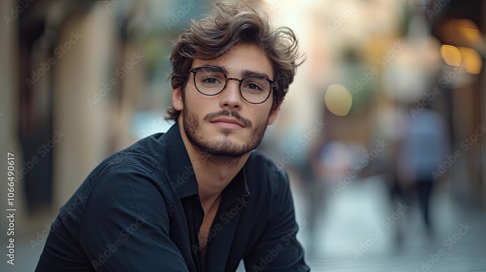 Trendy young man with a modern hipster style, dressed in a fashionable black shirt and trendy glasses, seated on the street, exuding a casual vibe with ample copy space. Trendy young man with a modern hipster style, dressed in a fashionable black shirt and trendy glasses, seated on the street, exuding a casual vibe with ample copy space.