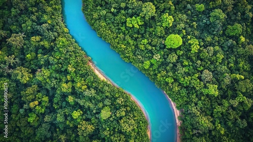 Aerial View of a Blue River Winding Through Lush Green Forest