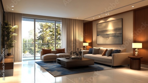 Modern Living Room with Beige Sofa, Wooden Accent Wall, and Blue Rug