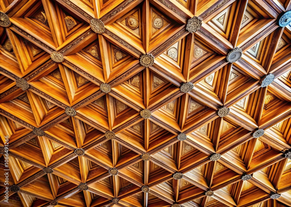 Architectural Detail of Ceiling with Geometrically Arranged Wood Panels, Showcasing Complex Tessellated Patterns and Intricate Design Elements for Stunning Visual Impact Architectural Detail of Ceiling with Geometrically Arranged Wood Panels, Showcasing Complex Tessellated Patterns and Intricate Design Elements for Stunning Visual Impact