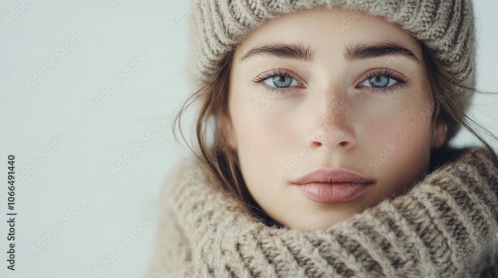 Caucasian model dressed in cozy woolen clothes and sporting a natural makeup look, offering a stylish portrait with ample copy space for diverse creative uses. Caucasian model dressed in cozy woolen clothes and sporting a natural makeup look, offering a stylish portrait with ample copy space for diverse creative uses.