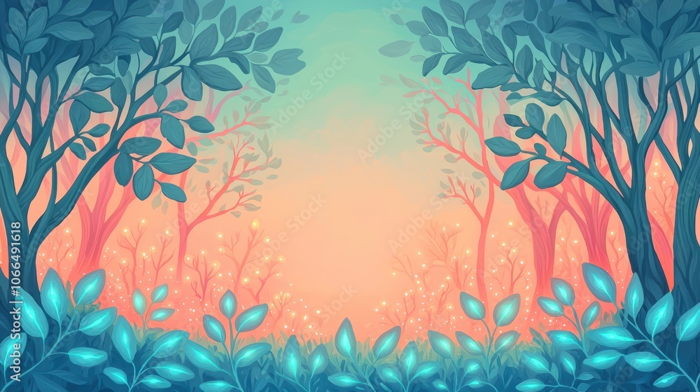 A tranquil forest scene with stylized trees and colorful foliage A tranquil forest scene with stylized trees and colorful foliage