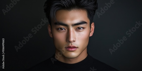 A mysterious young Asian male with flawless skin, a self assured look, and carefully styled hair exudes an aura of confidence and intrigue.