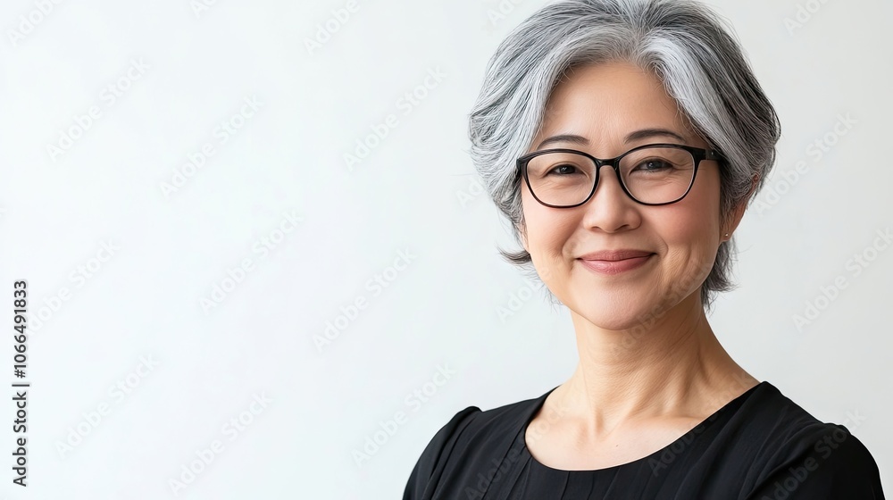 Portrait of a joyful middle-aged Asian woman with short gray hair and glasses, radiating happiness while looking at the camera, set against a white background with ample copy space. Portrait of a joyful middle-aged Asian woman with short gray hair and glasses, radiating happiness while looking at the camera, set against a white background with ample copy space.
