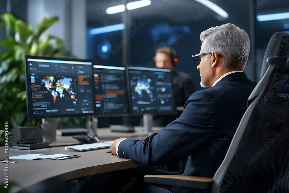 Modern operations room with business leaders using Modern operations room with business leaders using