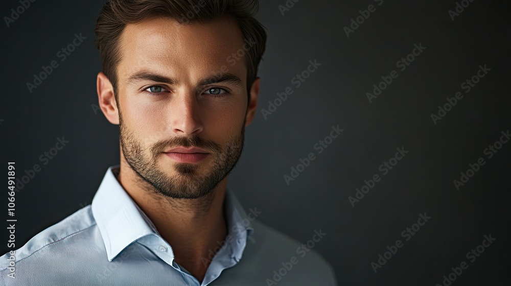 Professional man in a formal shirt with a serious expression, showcasing a well-groomed collar, straight hair, and a neatly trimmed beard. Ideal photo style with copy space. Professional man in a formal shirt with a serious expression, showcasing a well-groomed collar, straight hair, and a neatly trimmed beard. Ideal photo style with copy space.