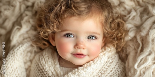 Charming infant girl with curly locks and a cheerful, playful demeanor, radiating joy and cuteness in her delightful little face.