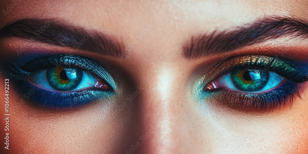 A stunning lady with vividly colored eyes and striking makeup that makes a bold statement. Her beauty is highlighted by the eye catching hues and dramatic cosmetics. A stunning lady with vividly colored eyes and striking makeup that makes a bold statement. Her beauty is highlighted by the eye catching hues and dramatic cosmetics.