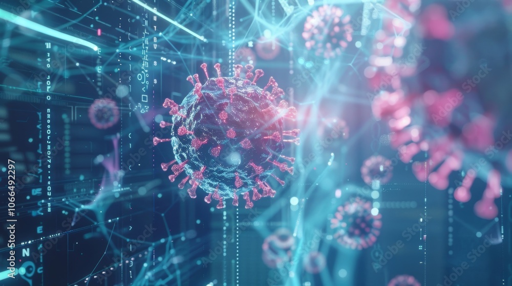 Microscopic view of coronavirus cells in cyberspace with glowing lines and numbers, showing advanced research and healthcare technology Microscopic view of coronavirus cells in cyberspace with glowing lines and numbers, showing advanced research and healthcare technology