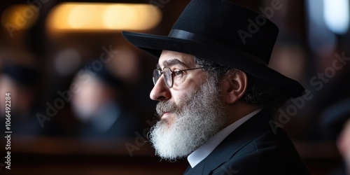 A close up view features a Jewish cantor in a synagogue, showcasing his side profile as he gazes to the left, emphasizing the cultural and religious significance of the moment. photo