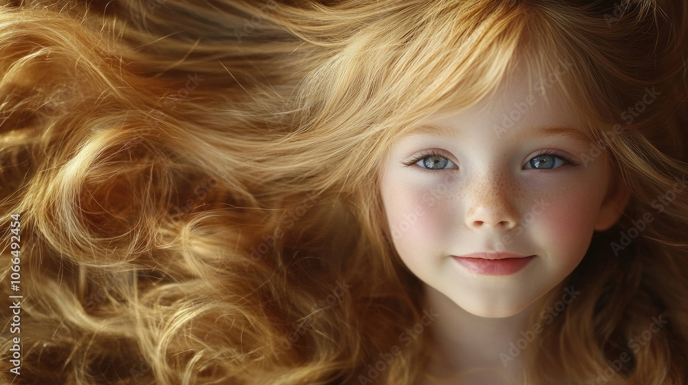 Naklejka premium Adorable little princess with stunning long, fluffy golden hair captures the essence of childhood charm. This image of a little princess radiates joy and innocence, perfect for various themes.